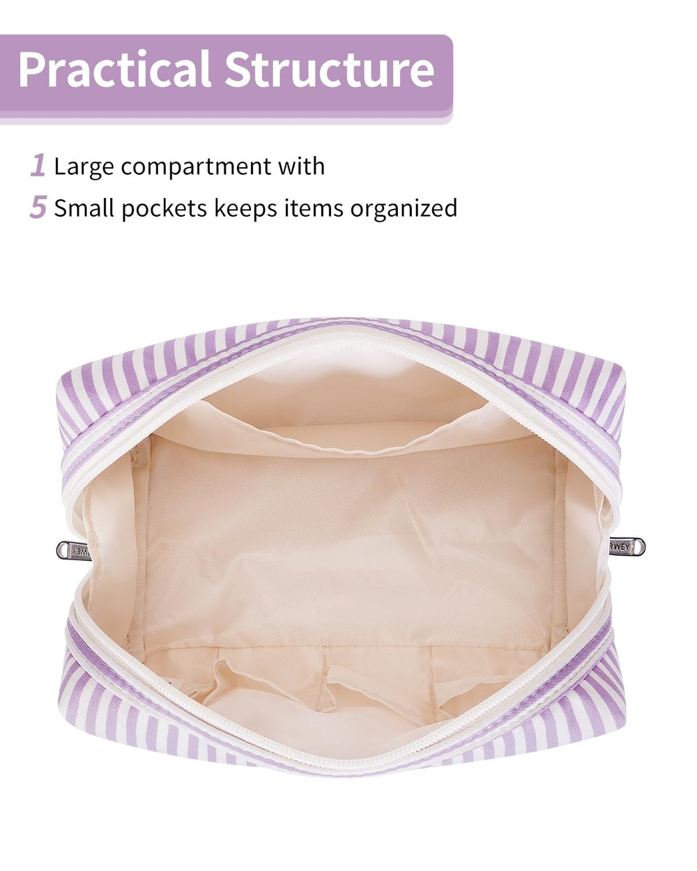 Narwey trousse maquillage rayures violet — fermeture durable idéale pour voyager.