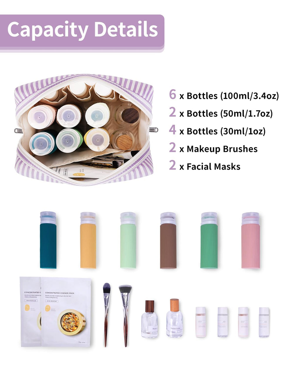 Narwey trousse maquillage rayures violet — intérieur avec poches pour organiser vos pinceaux.