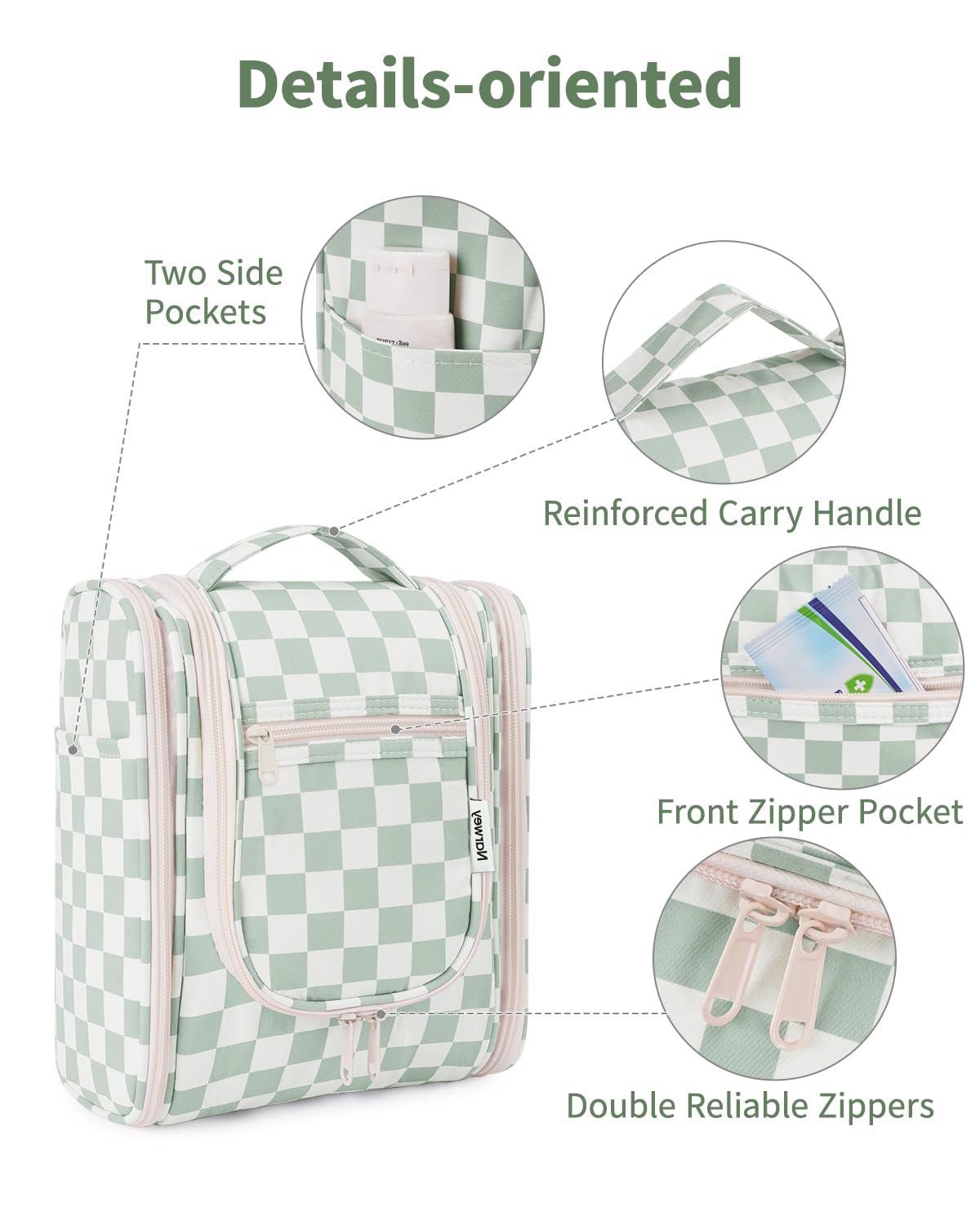 Narwey trousse à carreaux vert menthe mousqueton metallique intégré