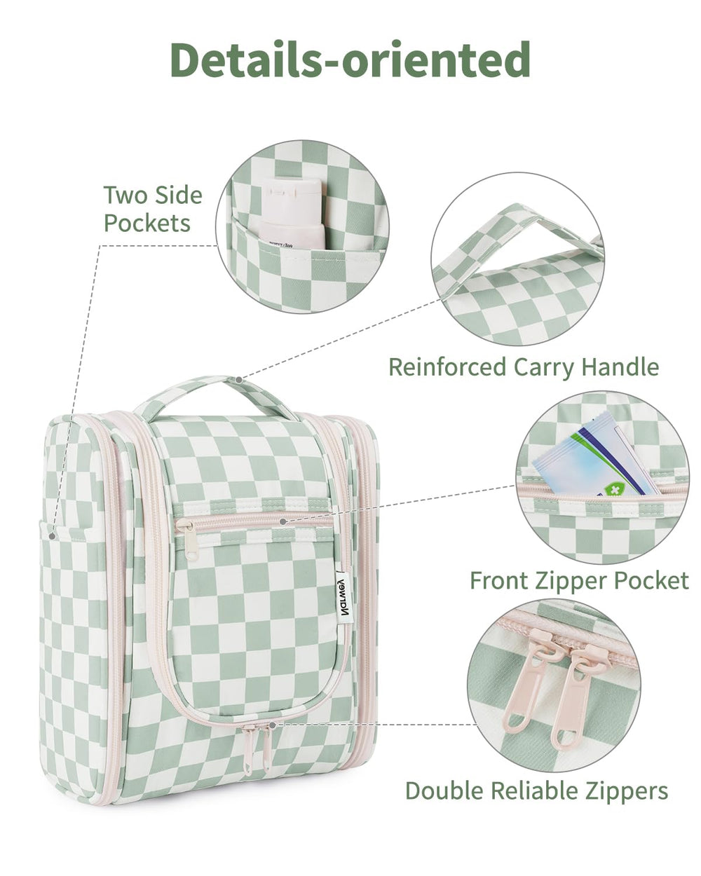 Narwey trousse à carreaux vert menthe mousqueton metallique intégré