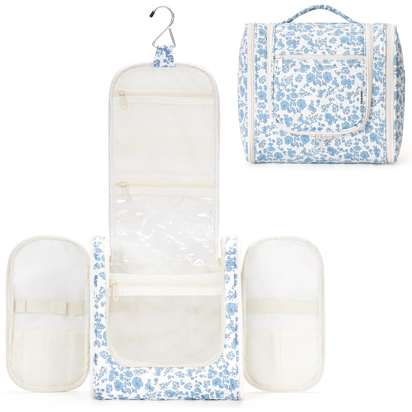 Trousse de toilette Narwey suspendue bleu fleuri, pratique pour voyager et gagner de l'espace.
