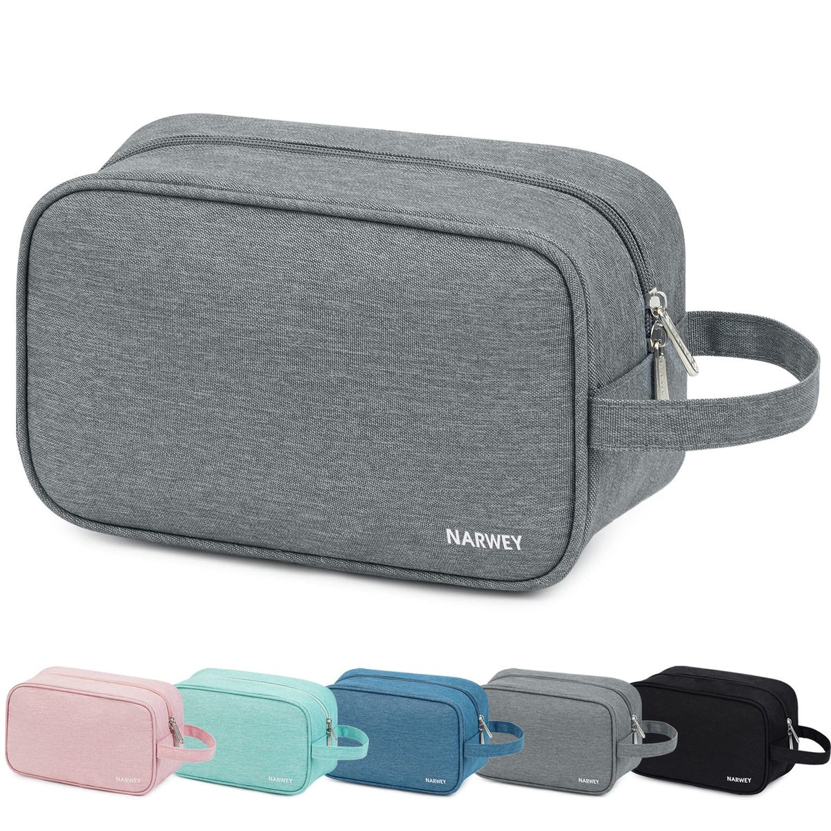Trousse Narwey gris vue de face, grande capacité pour soins et cosmétiques.