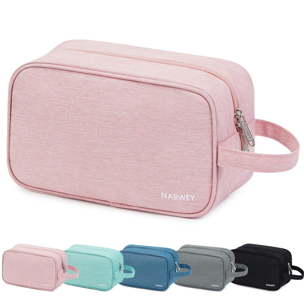 Narwey trousse de toilette rose vue de face, grande capacité pour voyager.