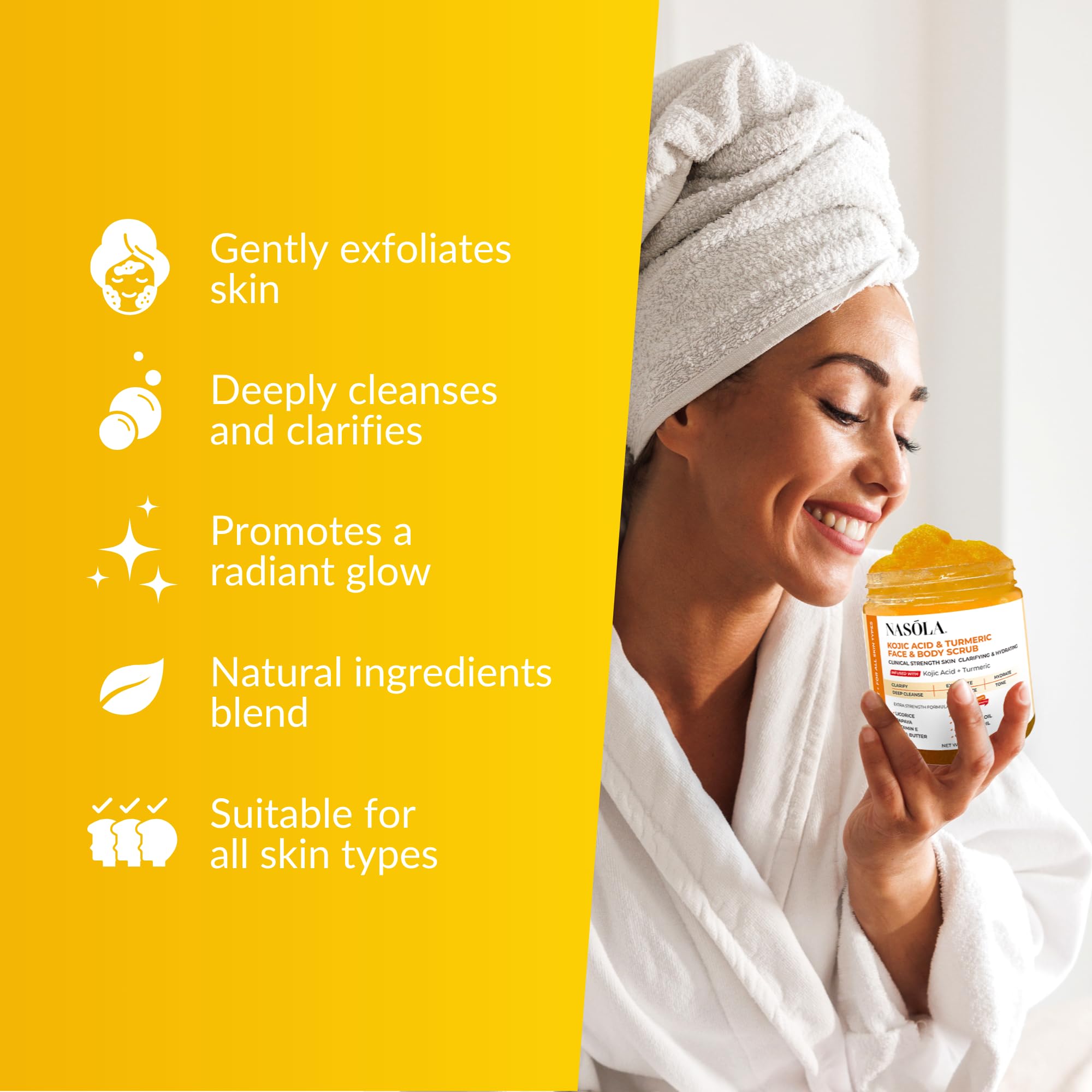 Nasola gommage Kojic Acid Turmeric pour le corps, gommage régulier pour peau lisse.