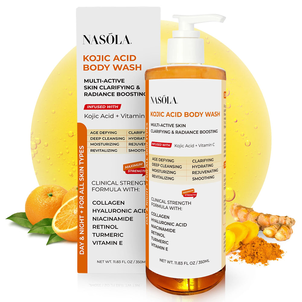 Nasola Kojic Acid Body Wash, bouteille curcuma et vitamine C prête pour l'éclat quotidien.
