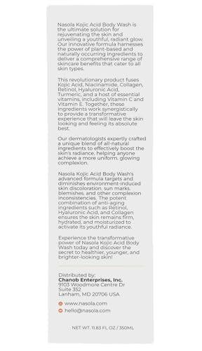 Nasola Kojic Acid Body Wash, rituel quotidien pour soin et propreté.