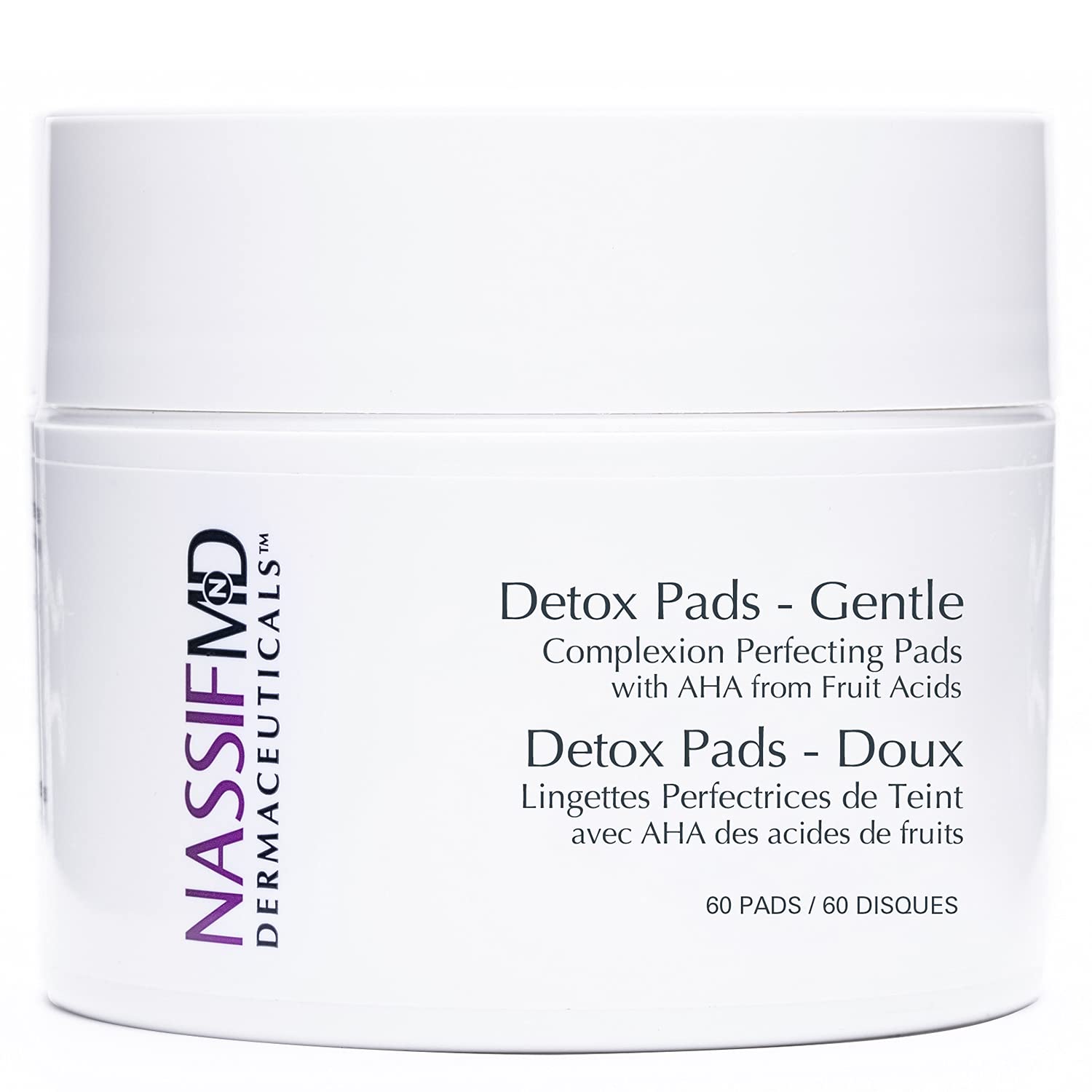 NassifMD Gentle Detox Pads, boîte 60, exfoliation douce pour peau sensible et lumineuse.
