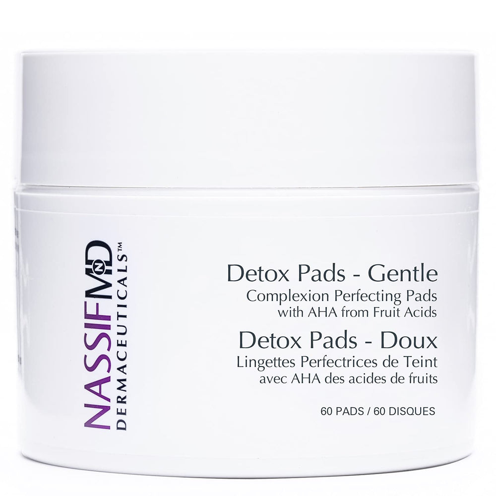NassifMD Gentle Detox Pads, boîte 60, exfoliation douce pour peau sensible et lumineuse.