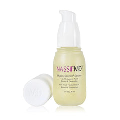 NASSIFMD Hydro-Screen Sérum, flacon élégant, offre hydratation immédiate.