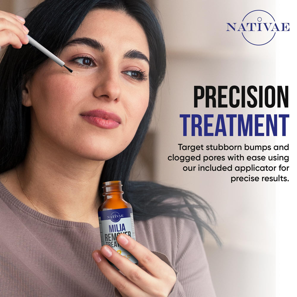 Nativae Milia Remover visuals with tea tree and aloe for soothing use.