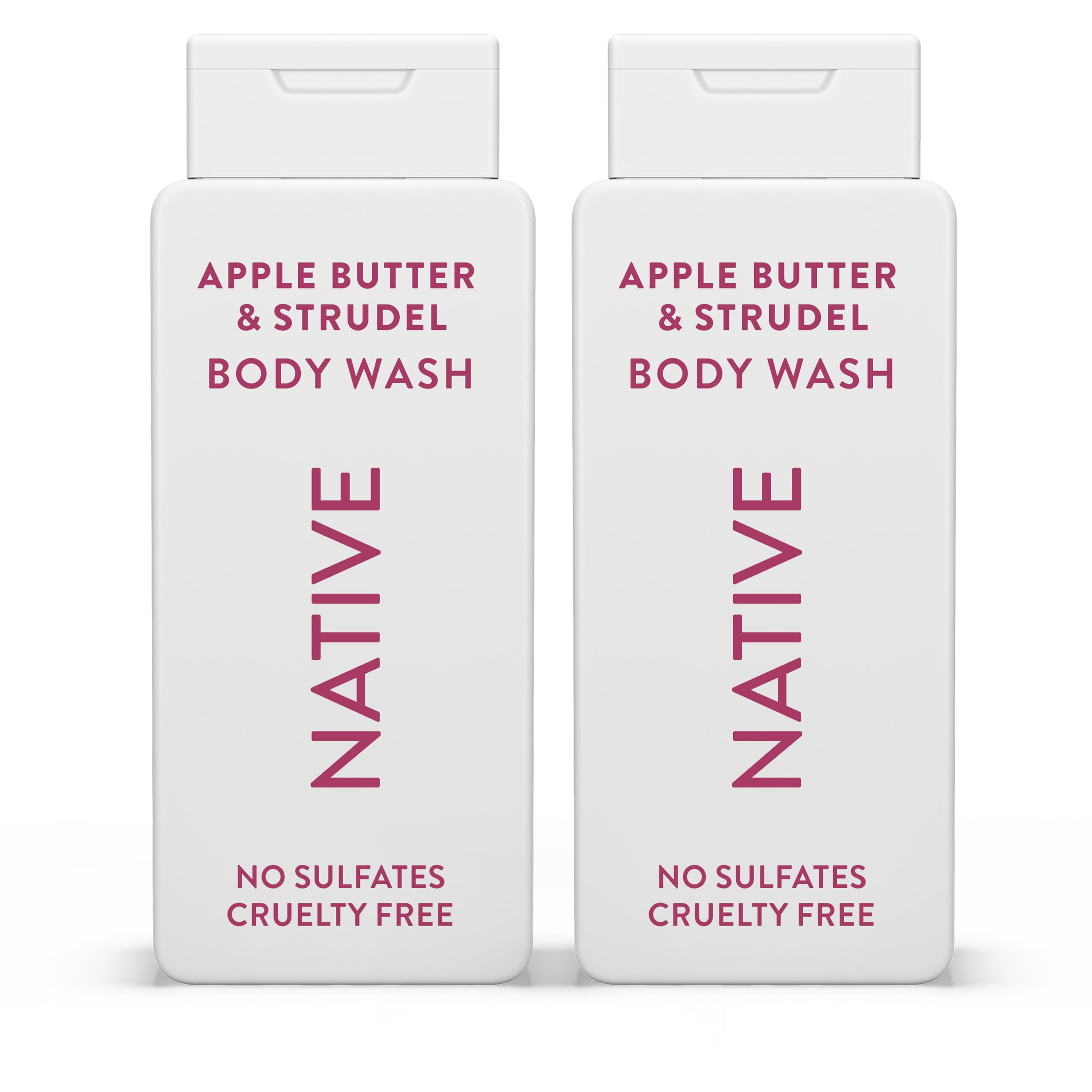 Gel douche Native Apple Butter Strudel, bouteille visible, mousse généreuse pour peau hydratée.