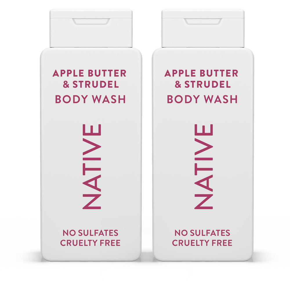 Gel douche Native Apple Butter Strudel, bouteille visible, mousse généreuse pour peau hydratée.