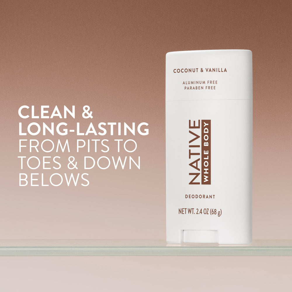 Native baton-deodorant-coco-vanille aperçu application douce sur peau.