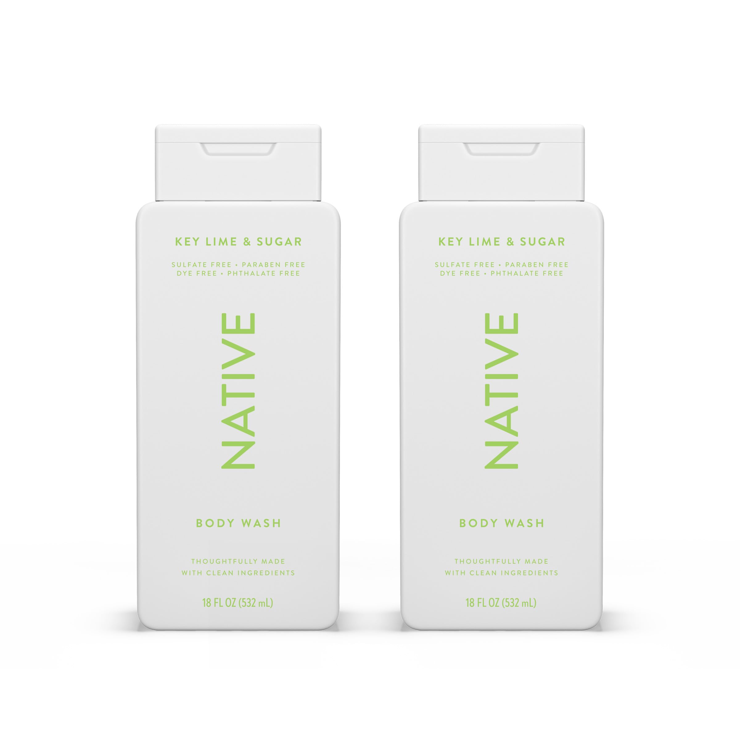 Native Body Wash : bouteille versant, rafraîchissant sans sulfates.