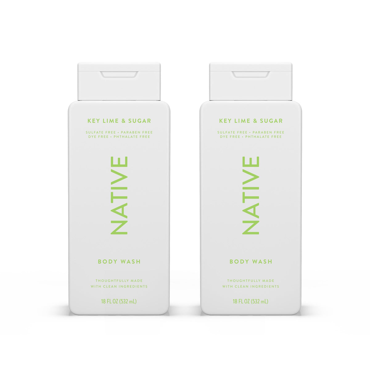 Native Body Wash : bouteille versant, rafraîchissant sans sulfates.