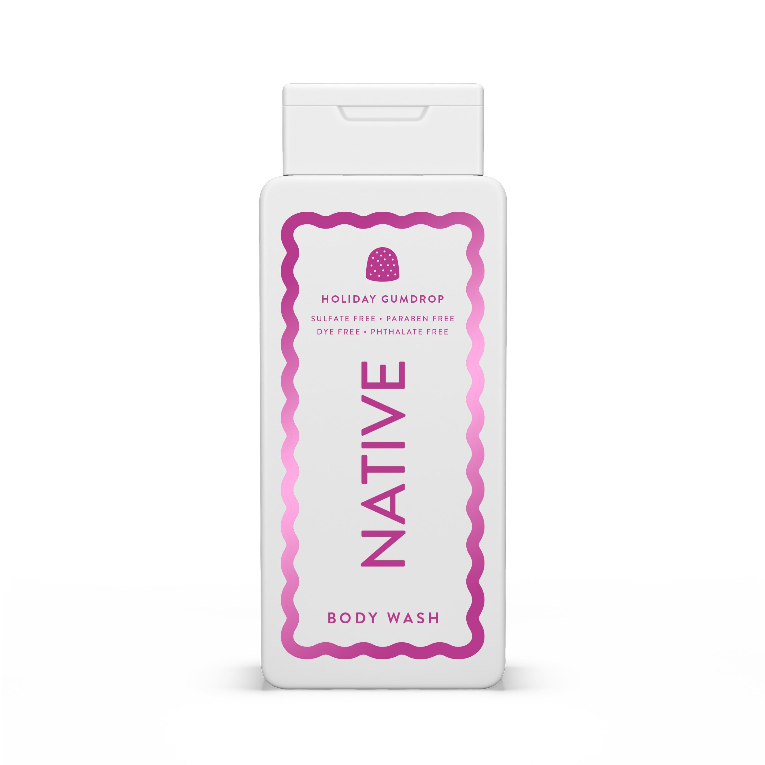 Native Body Wash édition Holiday Gumdrop - bouteille-pour, mousse riche et hydratante après la douche.