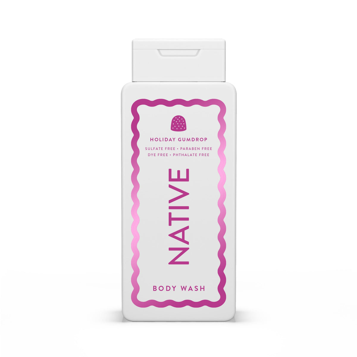 Native Body Wash édition Holiday Gumdrop - bouteille-pour, mousse riche et hydratante après la douche.