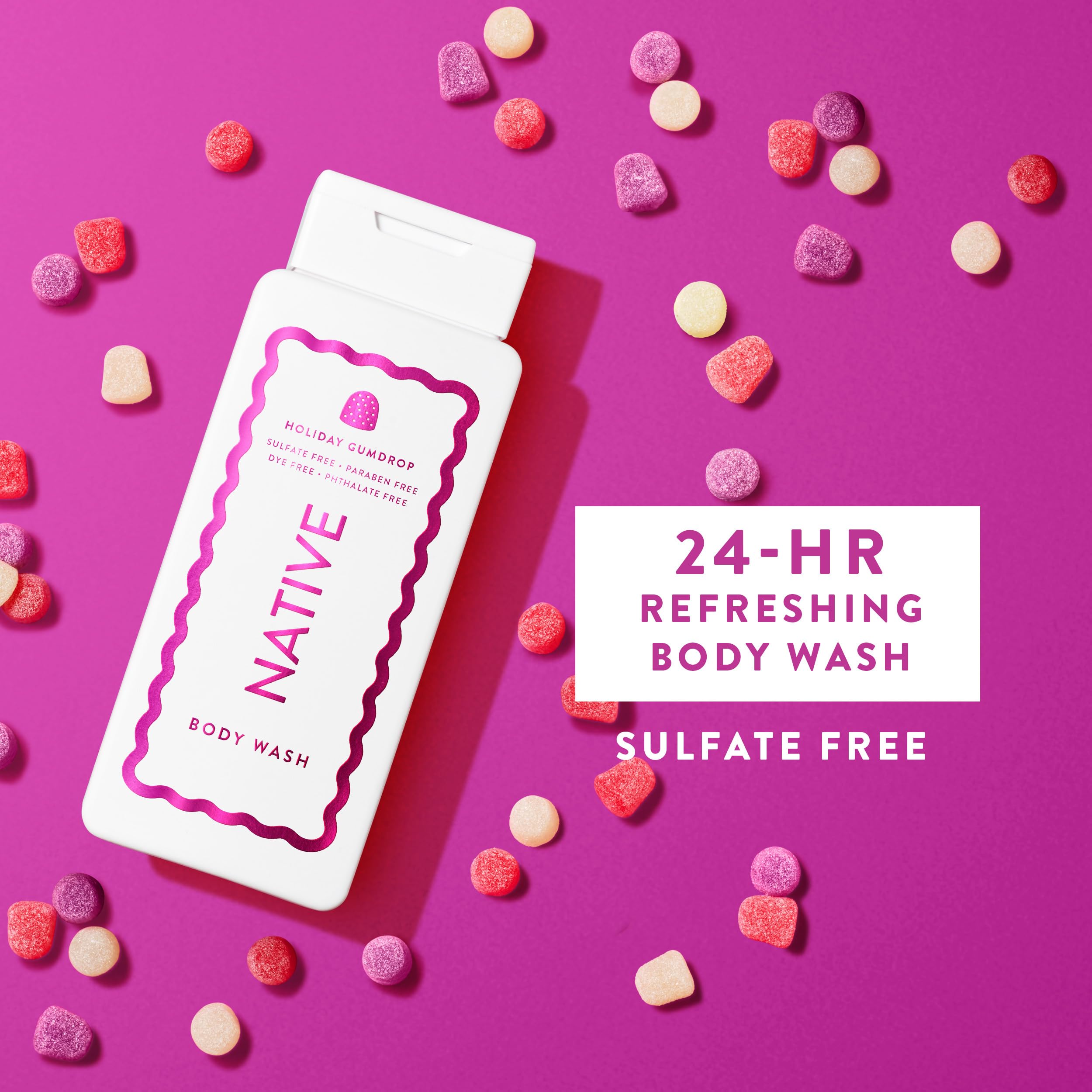 Native Body Wash édition Holiday Gumdrop - etiquette-label, parfum festif et informations claires sur le soin.