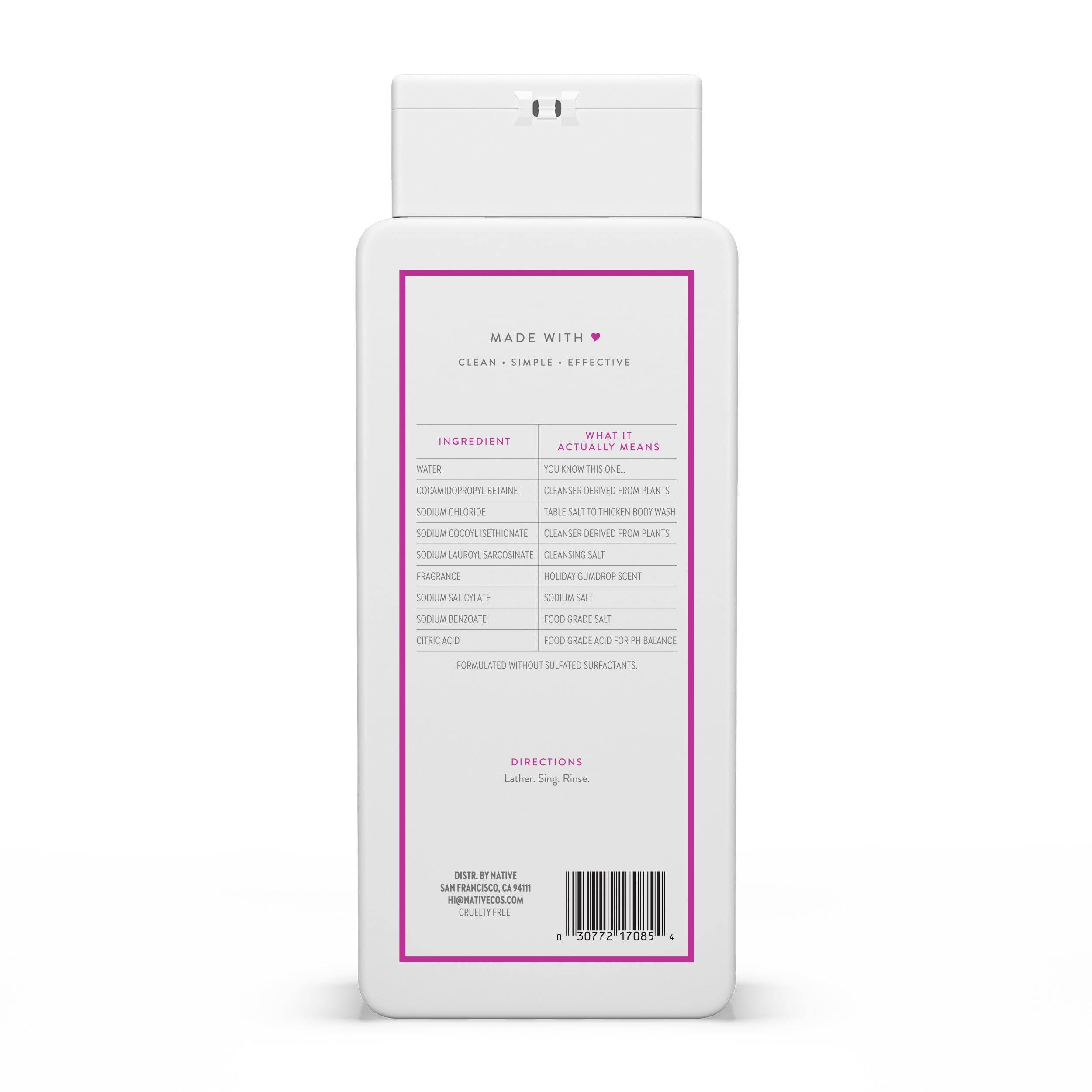 Native Body Wash édition Holiday Gumdrop - peau douce après douche grâce à une mousse généreuse.