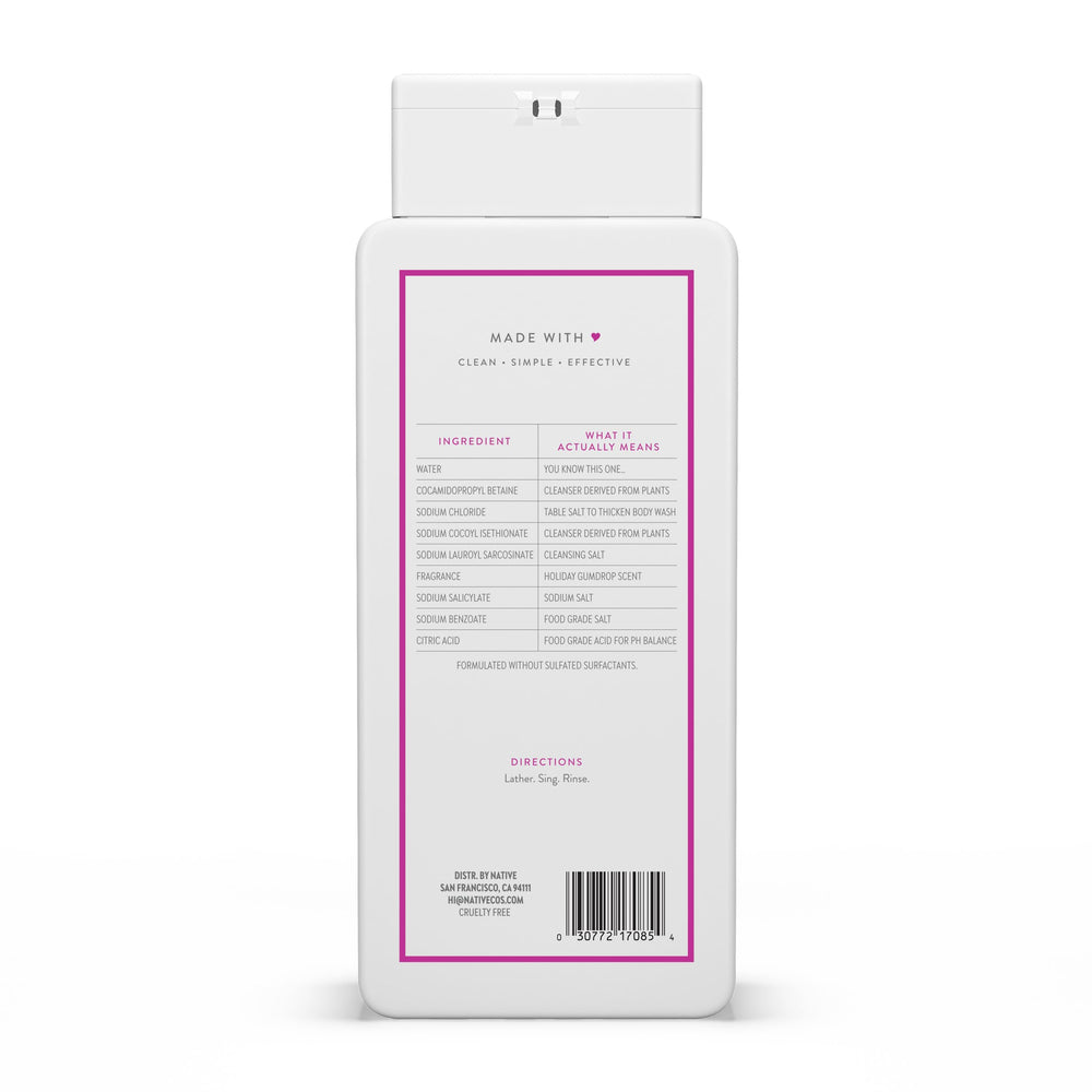 Native Body Wash édition Holiday Gumdrop - peau douce après douche grâce à une mousse généreuse.