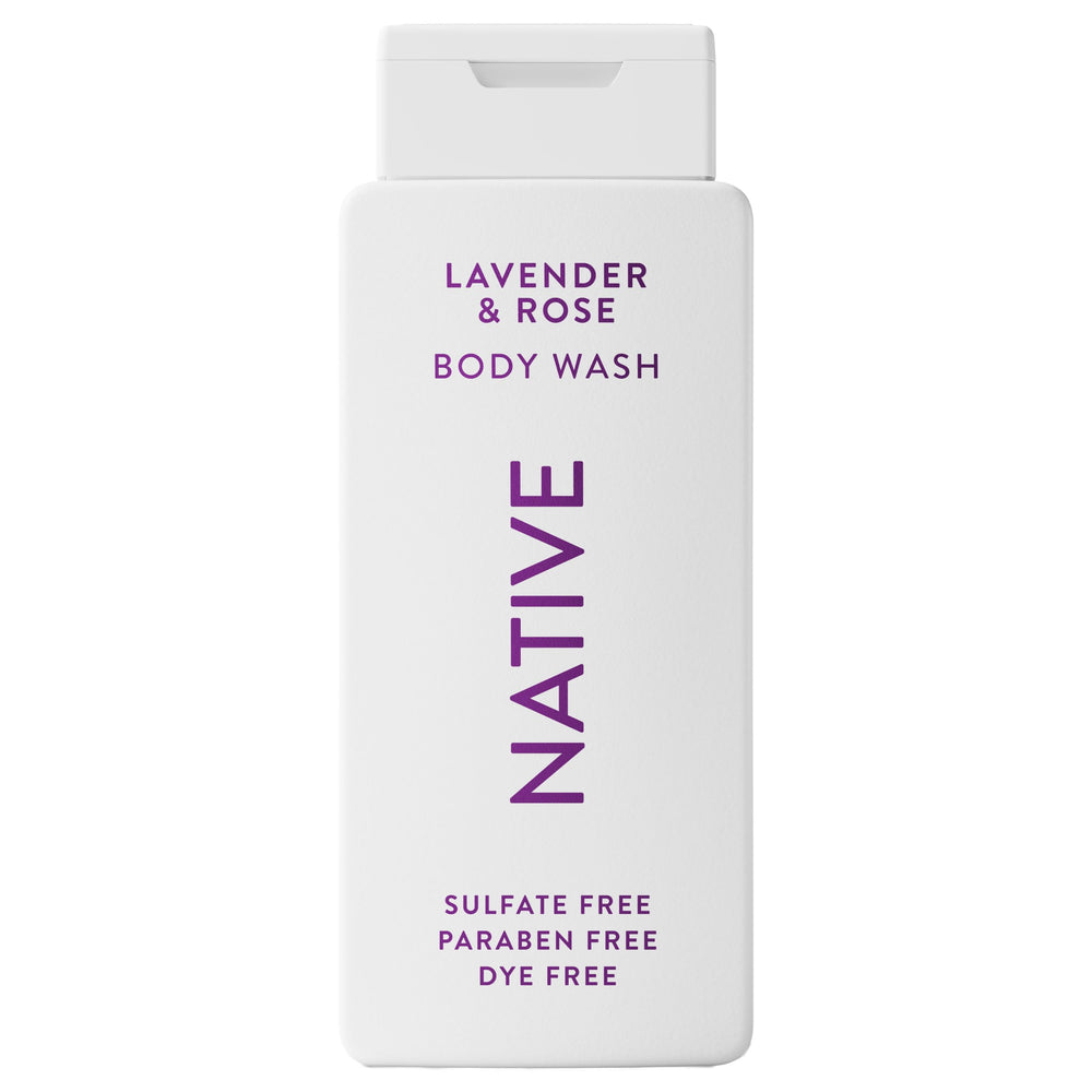 Gel douche Native lavande et rose en flacon, hydratation douce.