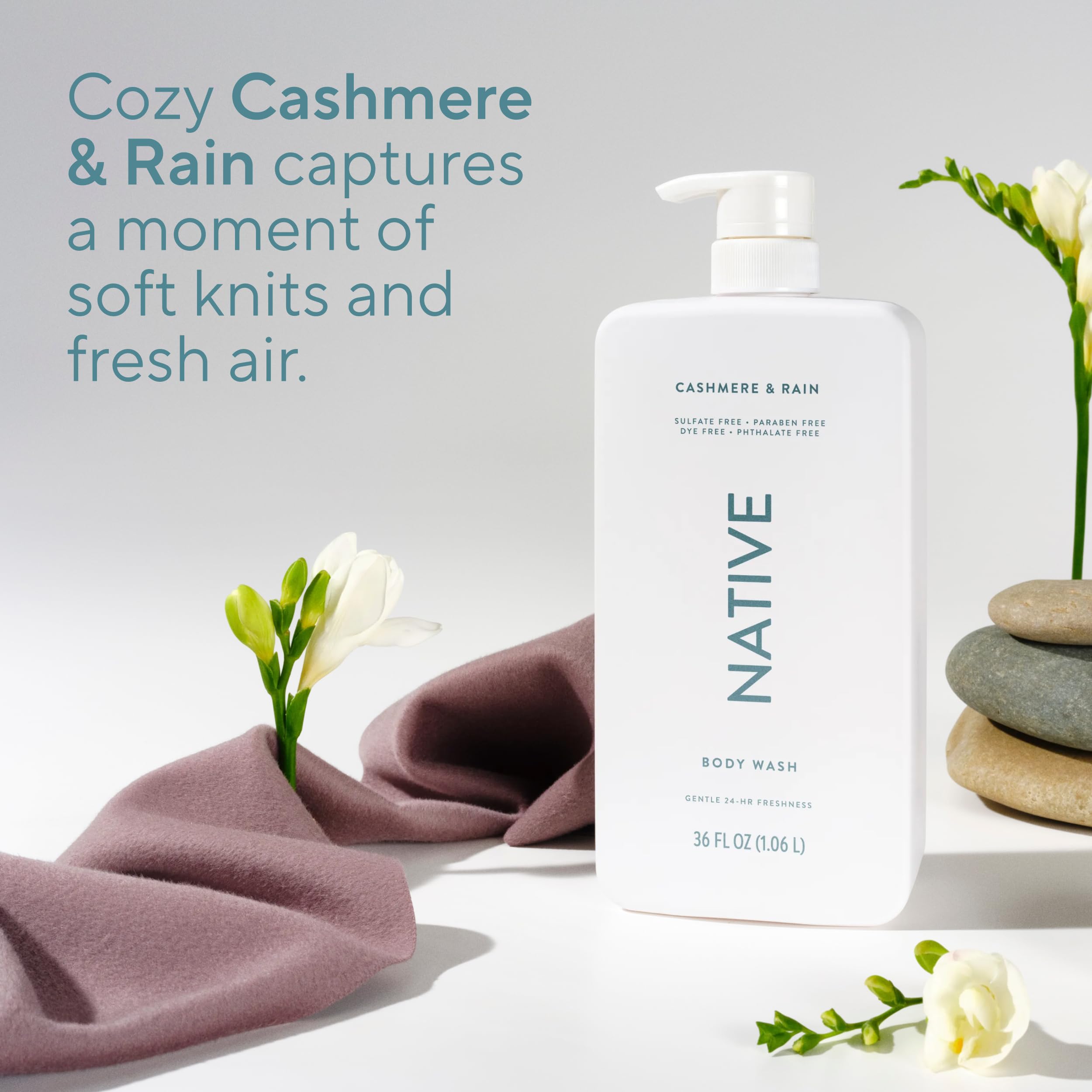 Native Cashmere et Rain – étiquette sans sulfates, formule plus propre.