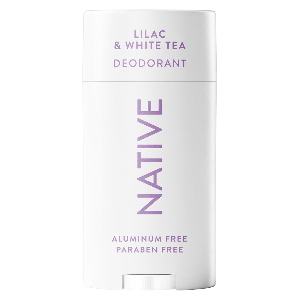 Native déodorant sans aluminium, bouteille lilas-thé blanc, fraîcheur potentielle jusqu'à 72 heures.