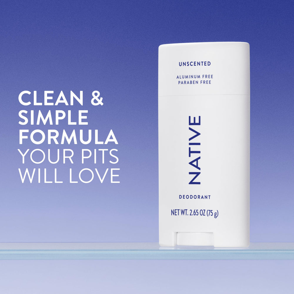 Native Déodorant sans parfum – emballage arrière, design épuré et sûr pour votre salle de bains.