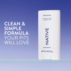 Native Déodorant sans parfum – emballage arrière, design épuré et sûr pour votre salle de bains.