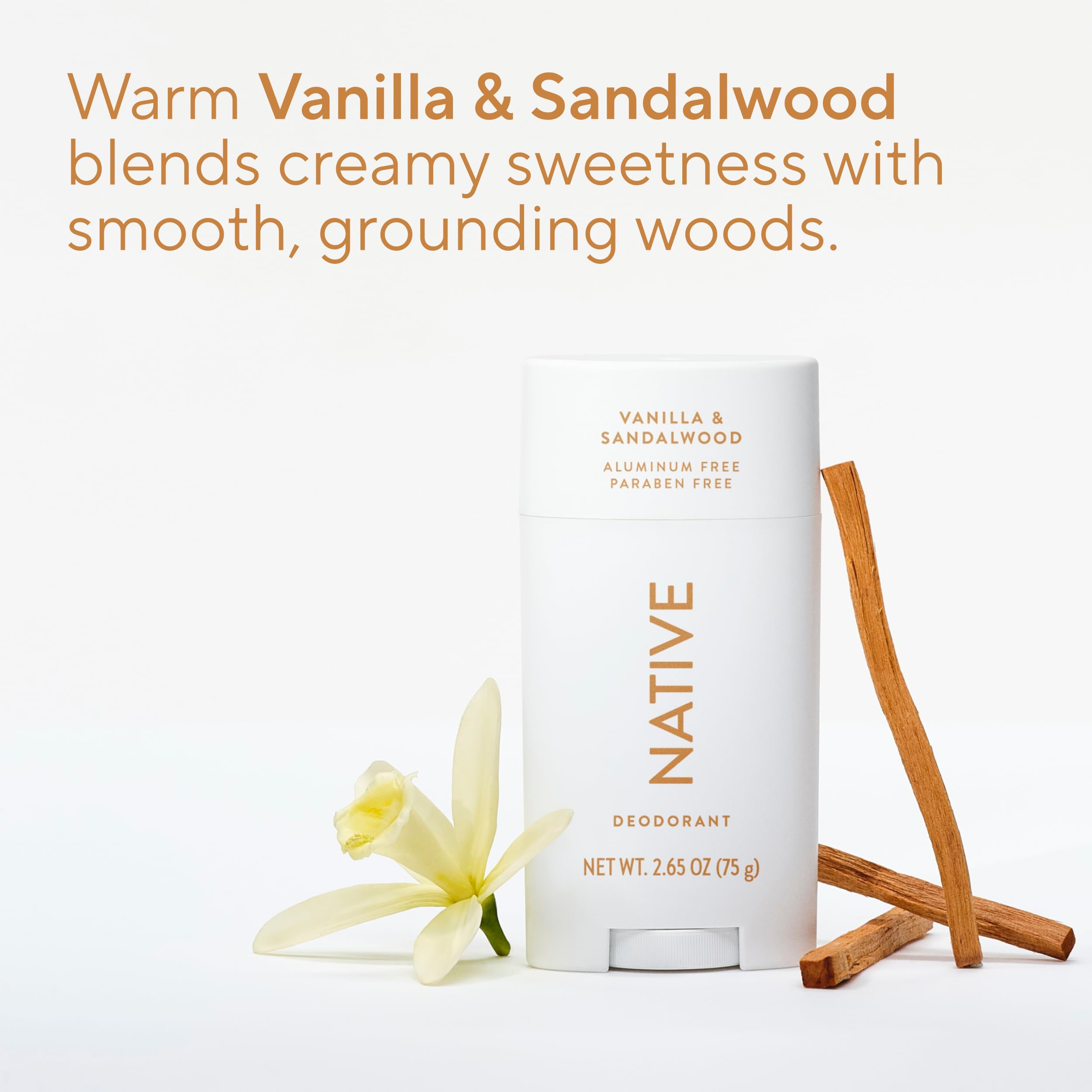 Native Déodorant Vanille et Santal, texture sèche sans résidu gras.