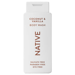 Native Gel Douche: bouteille coco-vanille, parfum agréable pour une peau douce.
