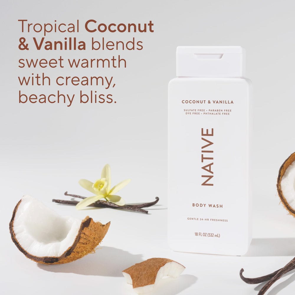 Native Gel Douche: parfum coco-vanille, expérience sensorielle réconfortante sans colorants.