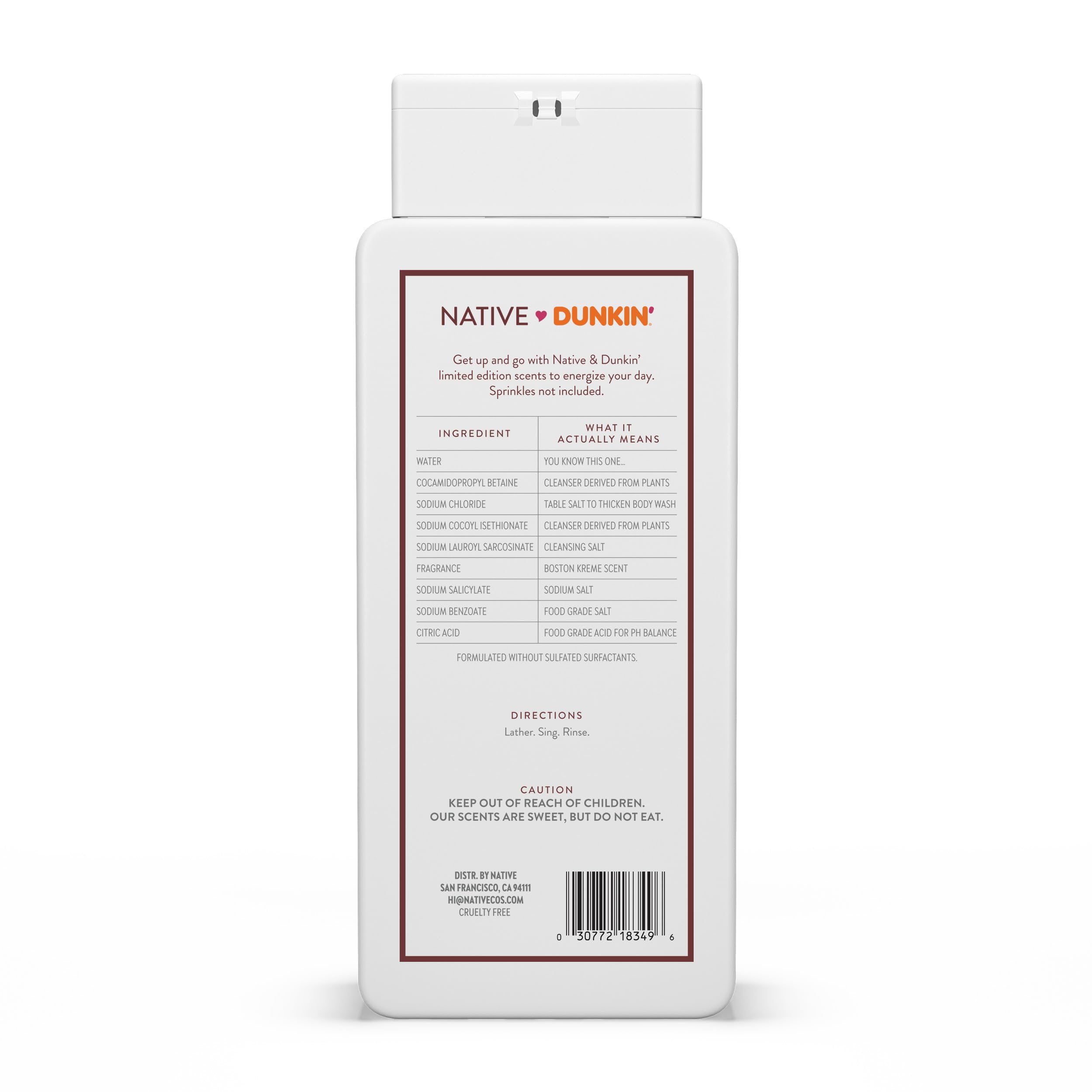 Native Body Wash Dunkin Boston Creme – ingrédients naturels mis en avant pour une routine hydratante.