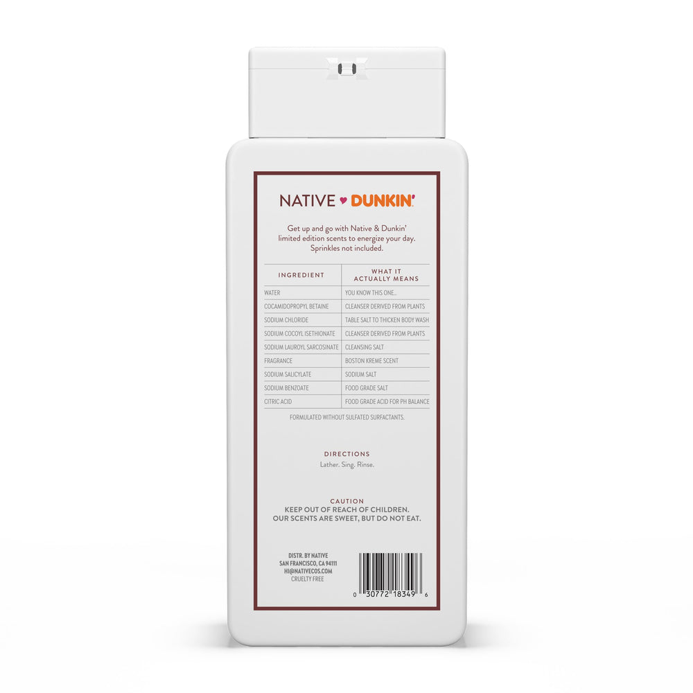 Native Body Wash Dunkin Boston Creme – ingrédients naturels mis en avant pour une routine hydratante.