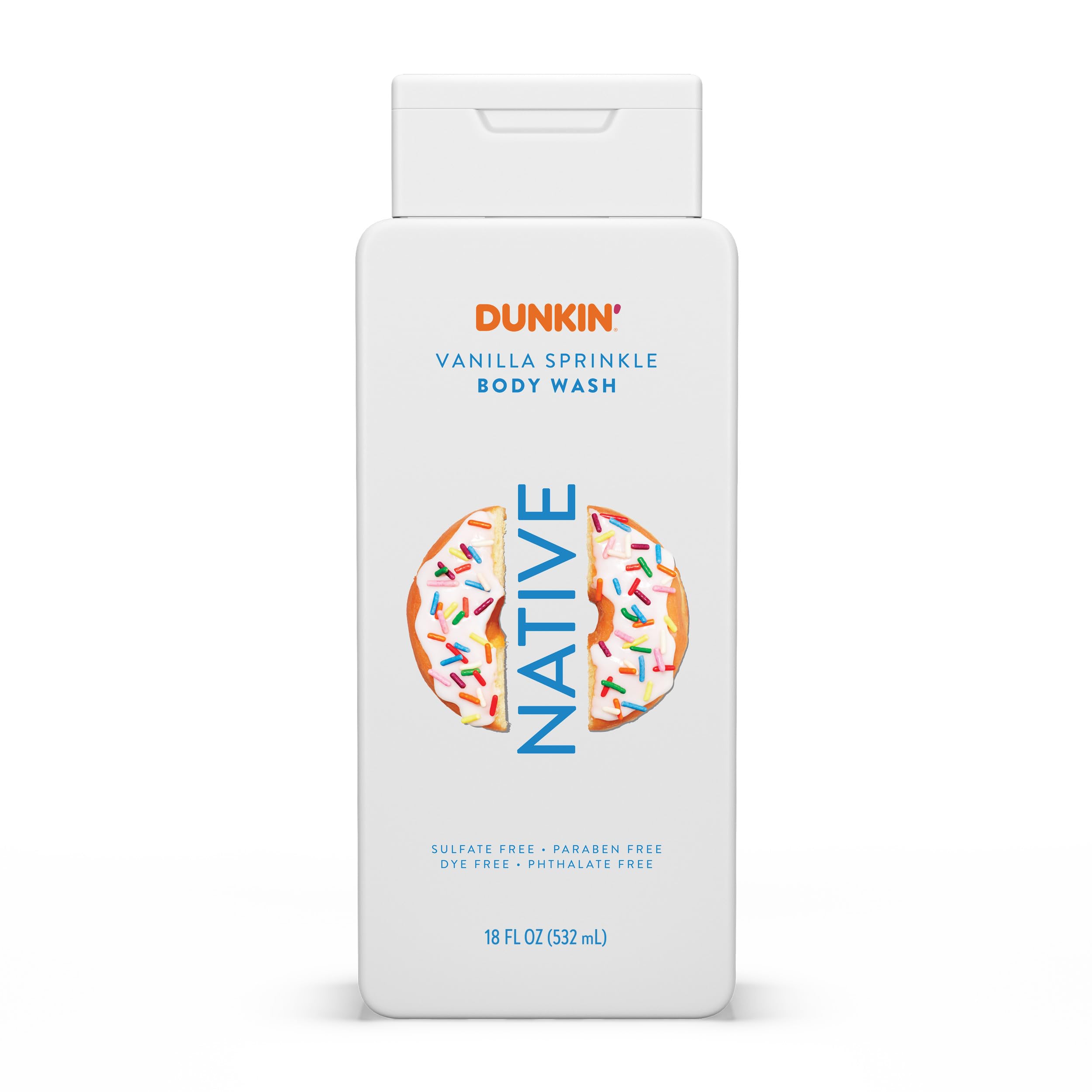 Native Gel Douche Dunkin Vanilla Sprinkle, bouteille gourmande pour une peau hydratée après la douche.
