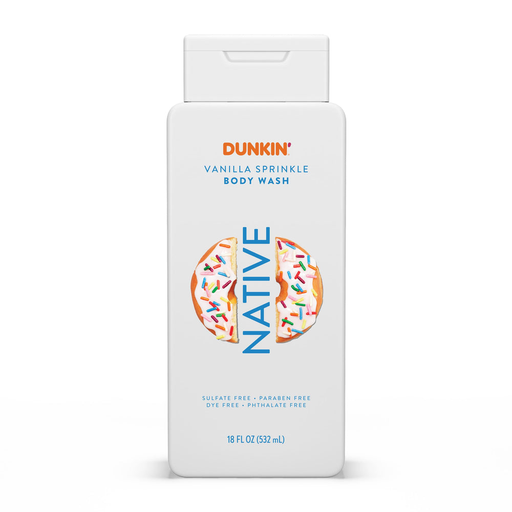 Native Gel Douche Dunkin Vanilla Sprinkle, bouteille gourmande pour une peau hydratée après la douche.