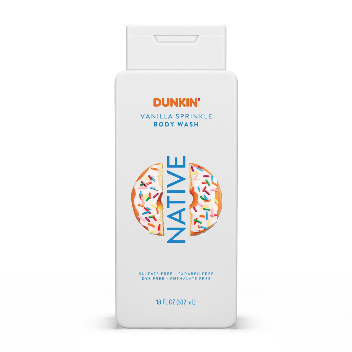 Native Gel Douche Dunkin Vanilla Sprinkle, bouteille gourmande pour une peau hydratée après la douche.