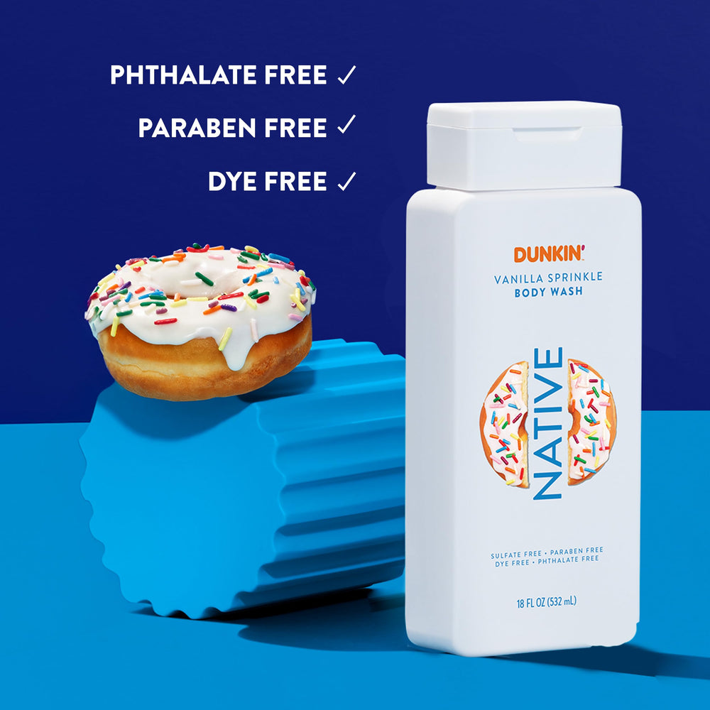 Native Gel Douche Dunkin Vanilla Sprinkle, bulles enveloppantes pour une routine rafraîchissante.