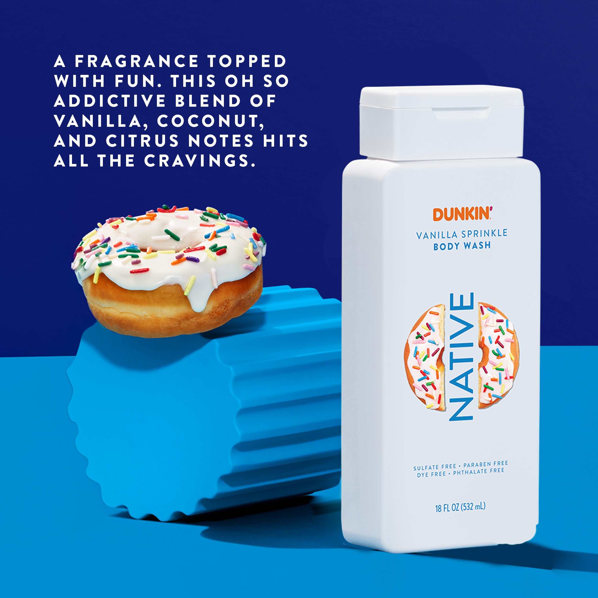 Native Gel Douche Dunkin Vanilla Sprinkle, application douce pour une peau prête à briller.