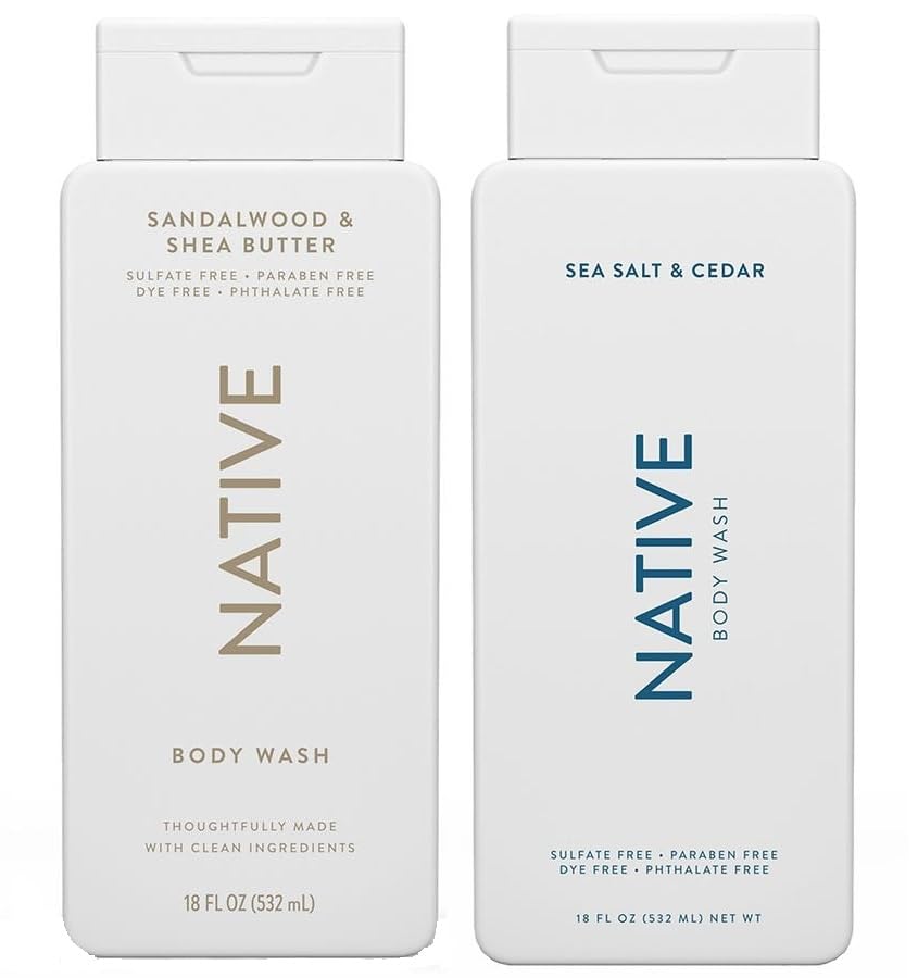 Gel douche Native duo Sel Marin et Cèdre et Santal et Beurre de Karité pour peau hydratée.