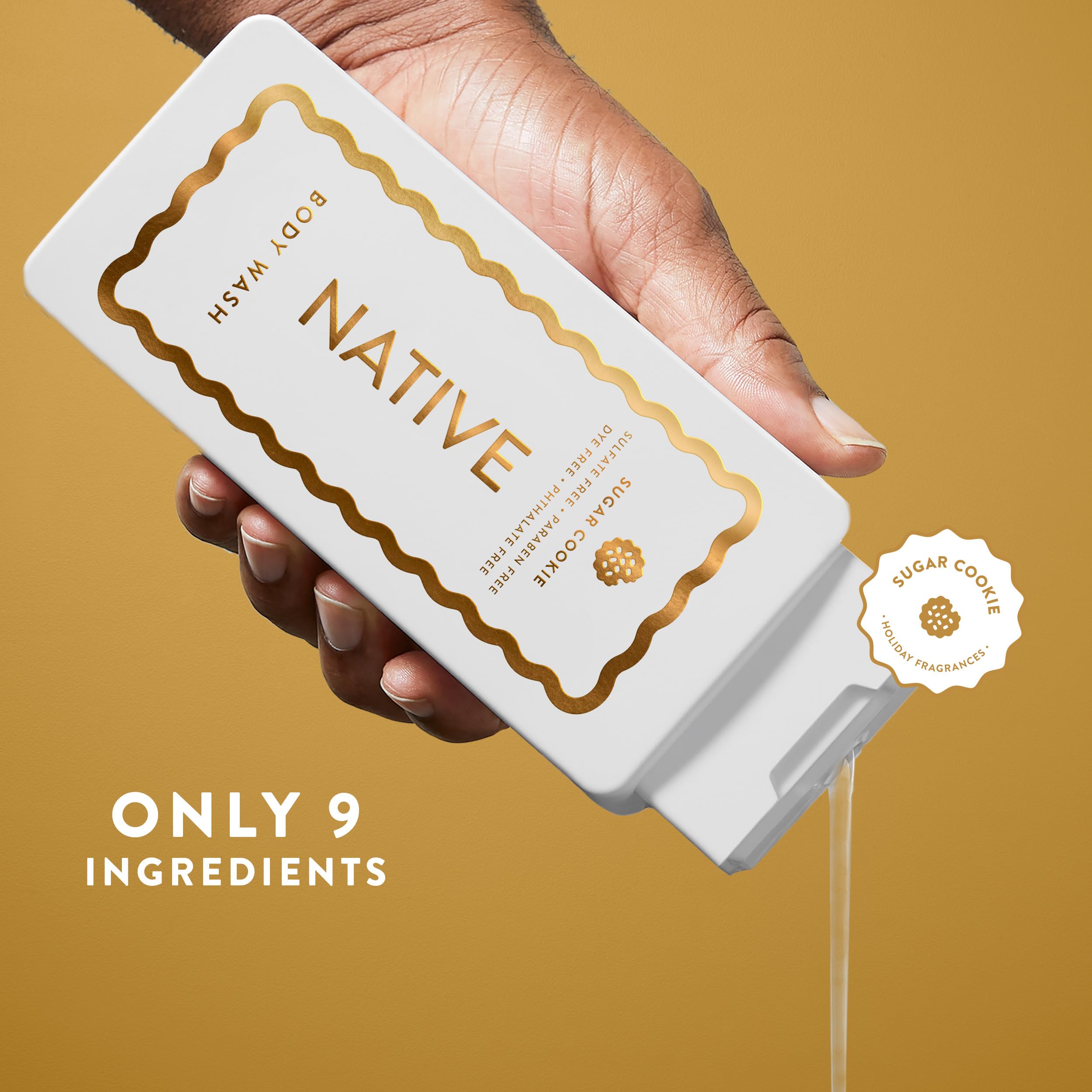 Native Gel Douche Édition des Fêtes, étiquette sans colorants et sans sulfates, utilisation quotidienne.