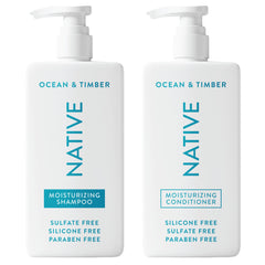 Shampoing Native Ocean & Timber en flacon, parfum frais océan et bois.