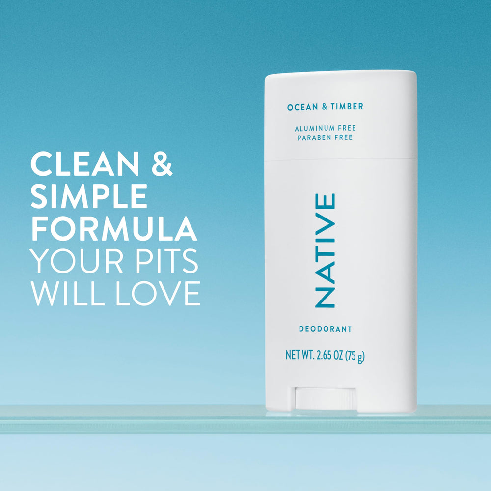 Native Ocean & Timber deodorant application; easy swipe for fresh confidence throughout the day.