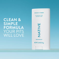 Native Ocean & Timber deodorant application; easy swipe for fresh confidence throughout the day.