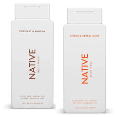 Gel douche Native Pack Double: duo coco-vanille et agrumes-musc, peau douce.
