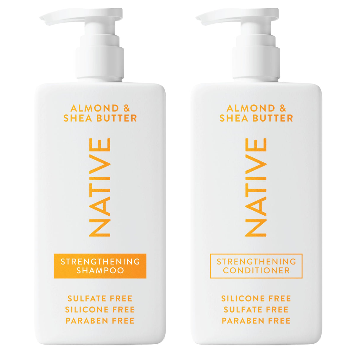 Shampoing Native en bouteille amande-karité, parfum doux et nettoyage en douceur.