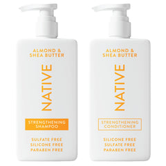 Shampoing Native en bouteille amande-karité, parfum doux et nettoyage en douceur.