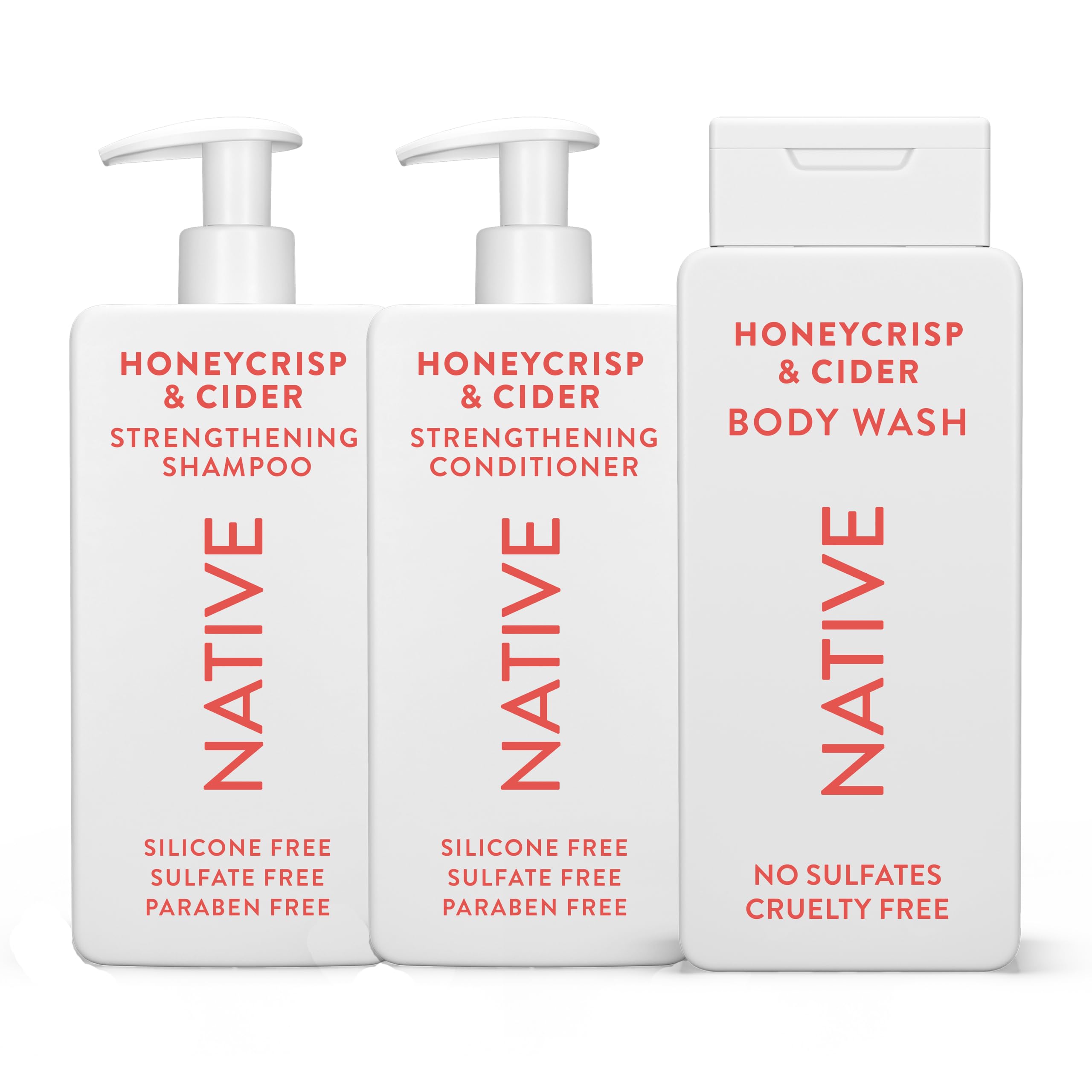 Native shampoing et après-shampoing Honey Crisp & Cider, bouteilles visibles pour cheveux plus forts.