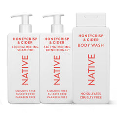 Native shampoing et après-shampoing Honey Crisp & Cider, bouteilles visibles pour cheveux plus forts.