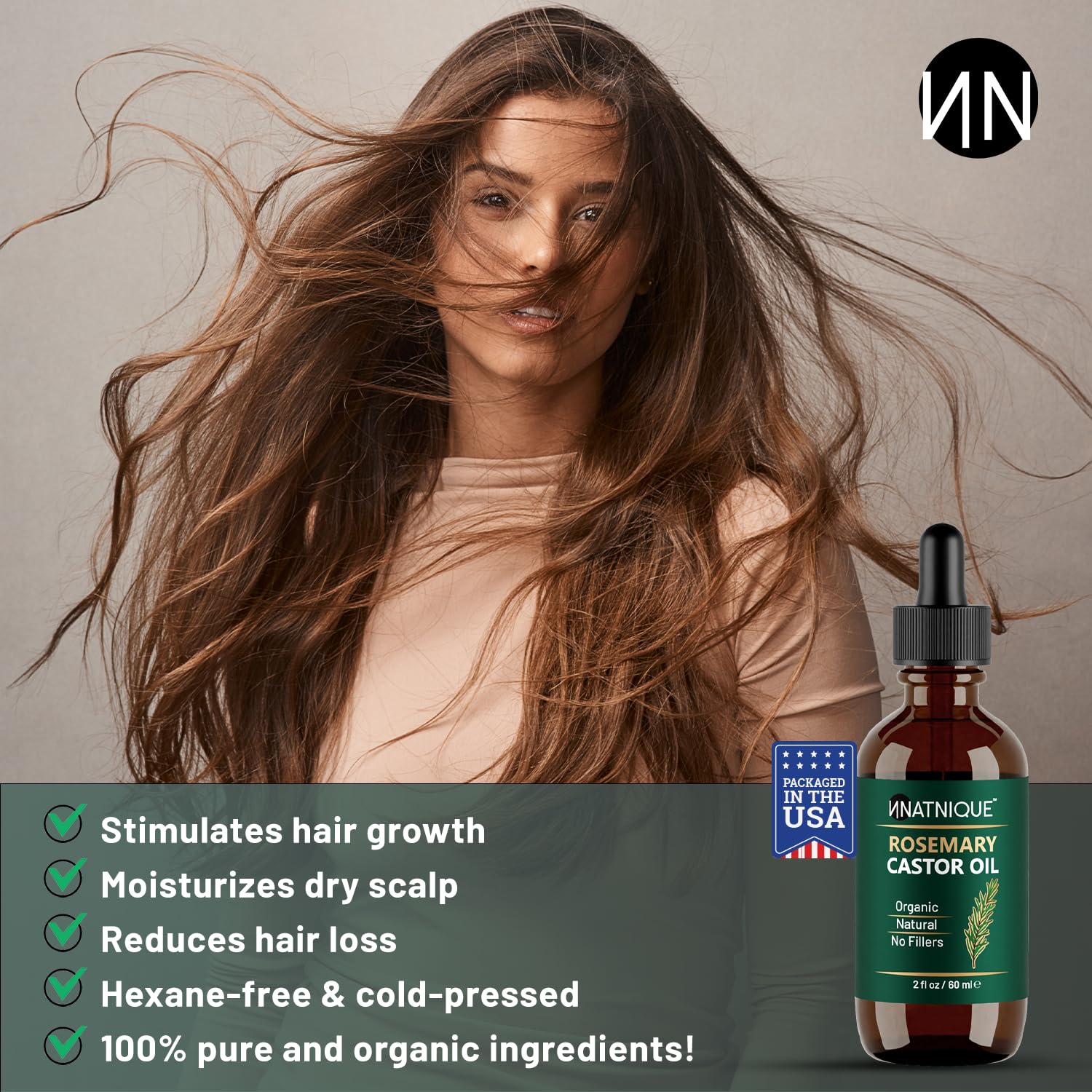 Natnique huile ricin romarin: application sur cheveux secs pour nourrir.